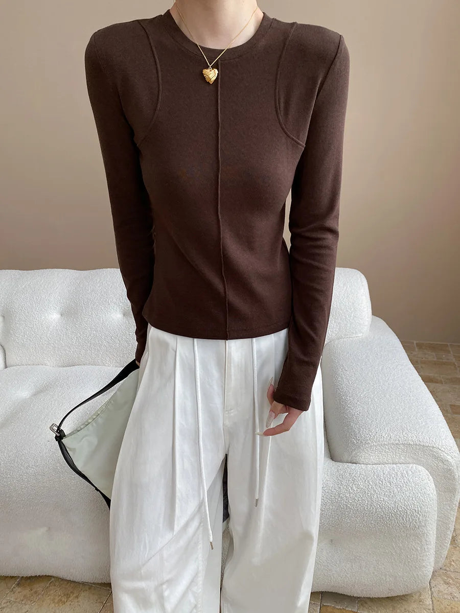 Women's casual stitching slim fit shoulder slimming base long sleeved T-shirt