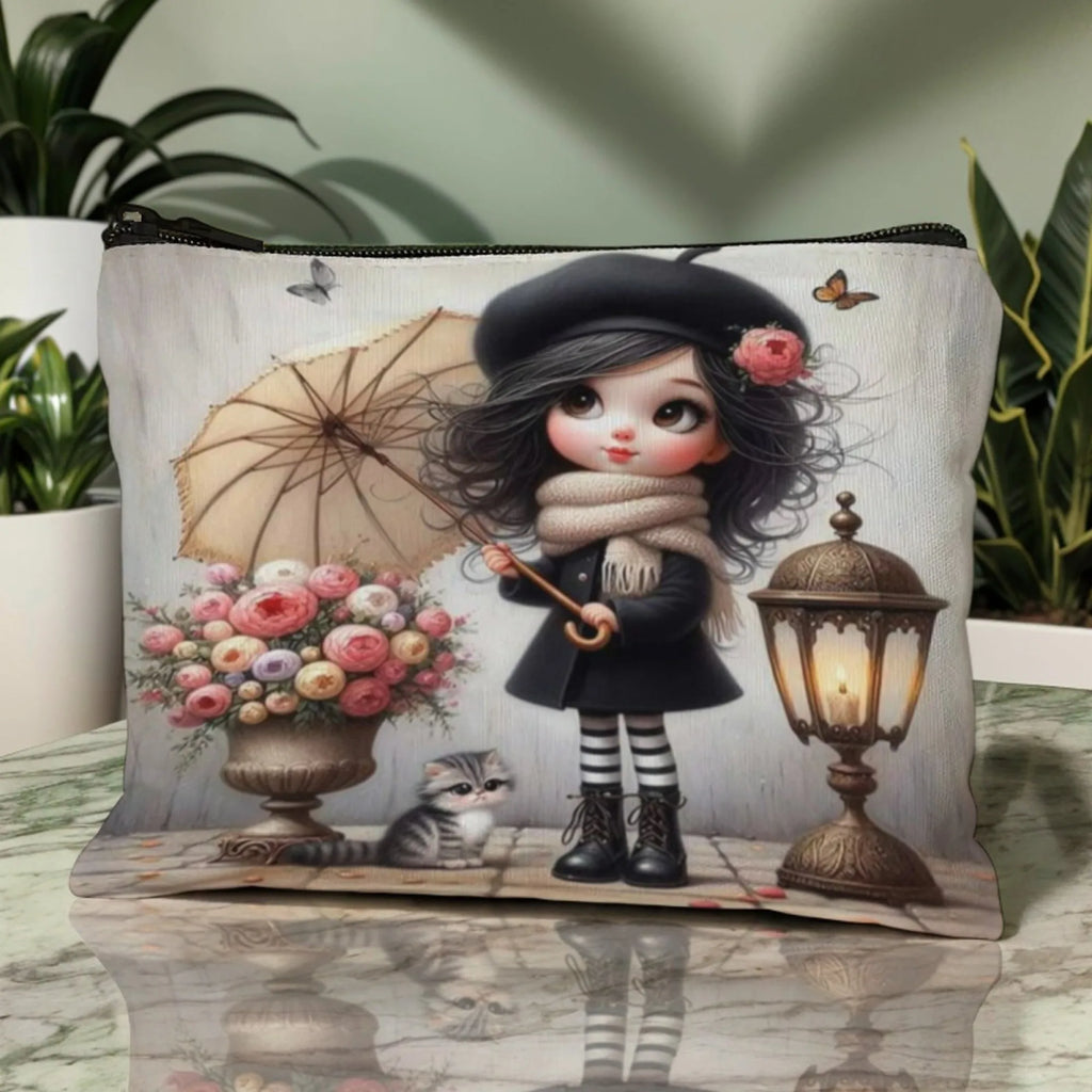 Cute girl holding an umbrella Cosmetic Bag Cosmetic Pouch Cosmetic Brush Aesthetic Accessory Storage Bag Travel Makeup Bag