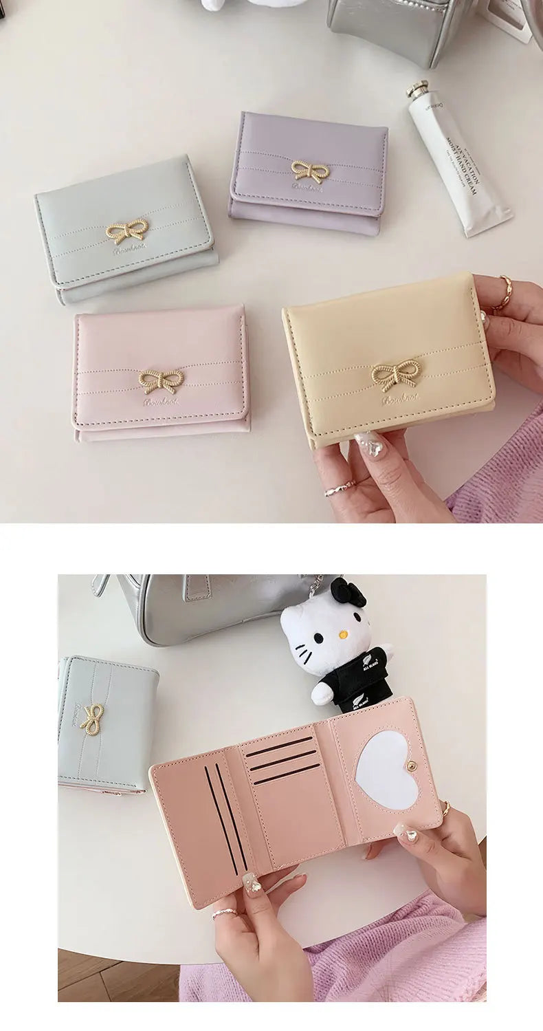 Fashion Wallets Girls Cute Bow Small Wallet Aesthetic Card Holder Classic Three Fold Purse For Women Student Simple Coin Pouch