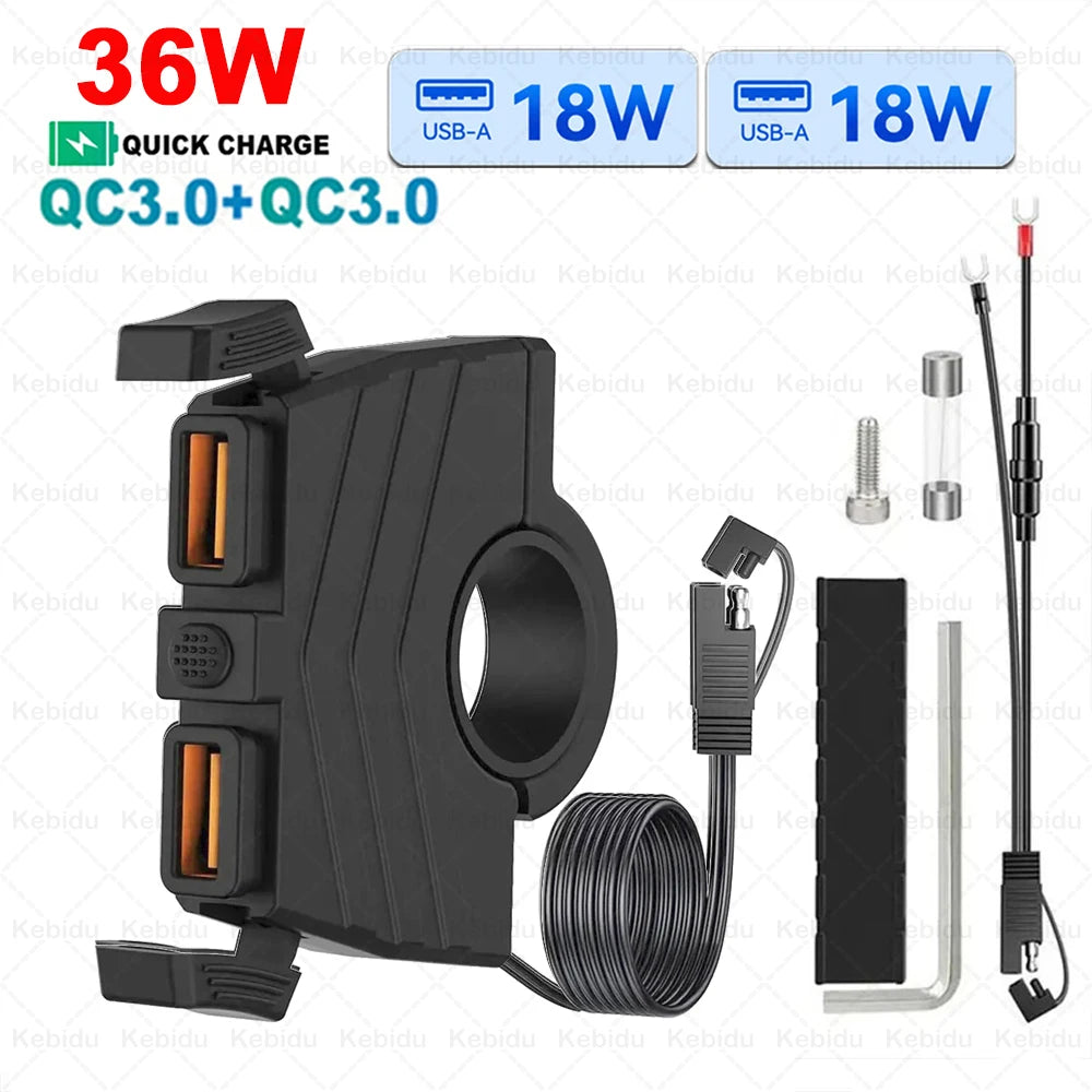 48W Quick Charge PD+QC3.0 Phone Charger Motorcycle USB Socket Waterproof Handlebar Mounting Bracket 12V-24V Power Adapter