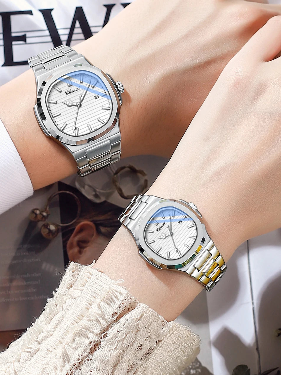 Fashion Couple Watches Men and Women Business Luxury Stainless Steel Quartz Wristwatch Waterproof Luminous Couple Watch Pair Set