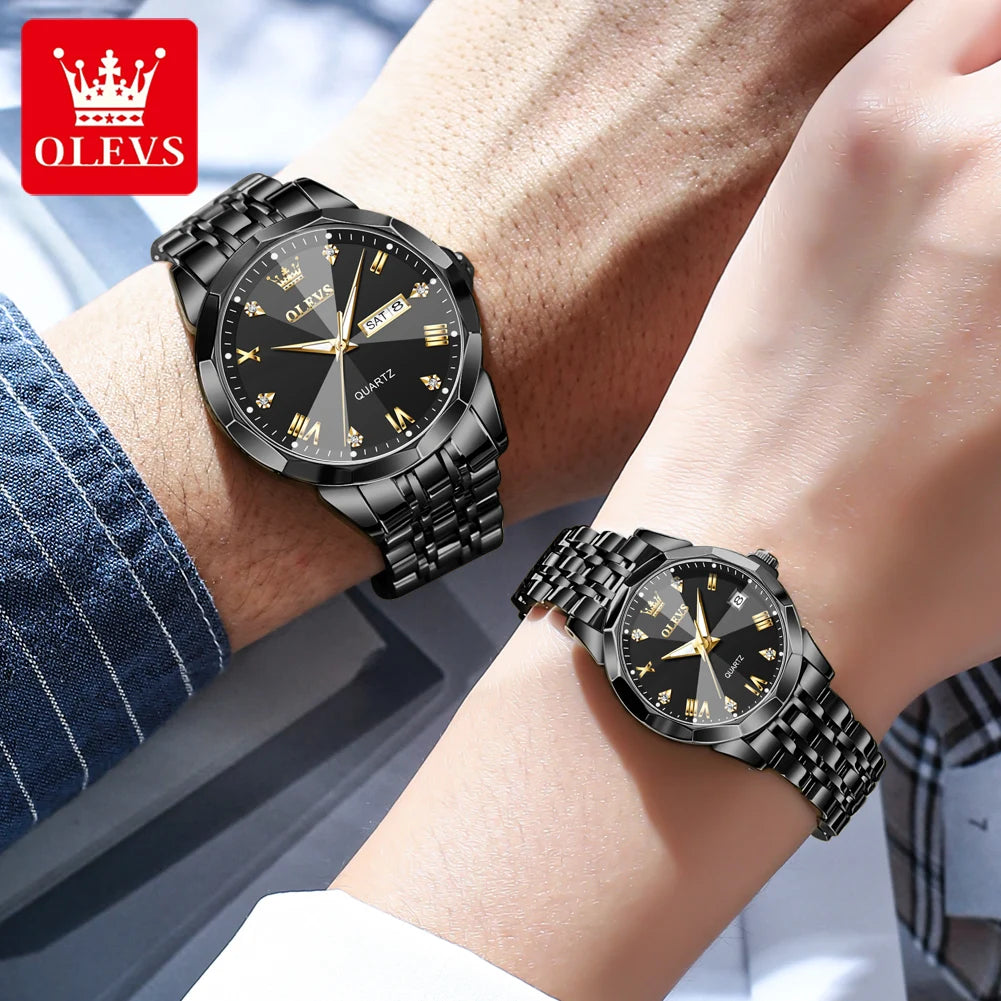 OLEVS 9931 Top Original Couple Watch Stainless Steel Rhombus Mirror Design Luxury Quartz Watch for Men Women Lover's Wristwatch