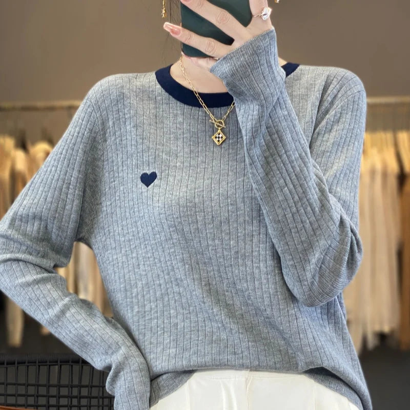 Women's Pullover Autumn/Winter 100% Wool Sweater Stitching Casual Knit Sweater Round Neck Tops Ladies Clothes Embroidery Blouse