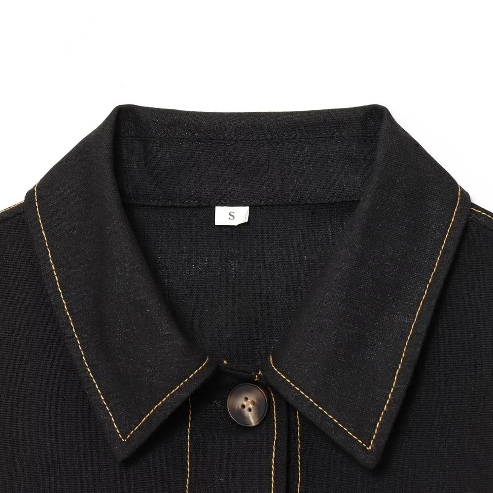 Women's Color Contrasting Stitch Collar Single breasted Straight Tank Top Long Fold Belt Bermuda Shorts Summer New Pants