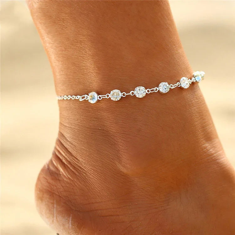 Geometric Oval Pendant Anklets for Women Sliver Color Vintage Crystal Chain Charm Anklet Beach Foot Jewelry