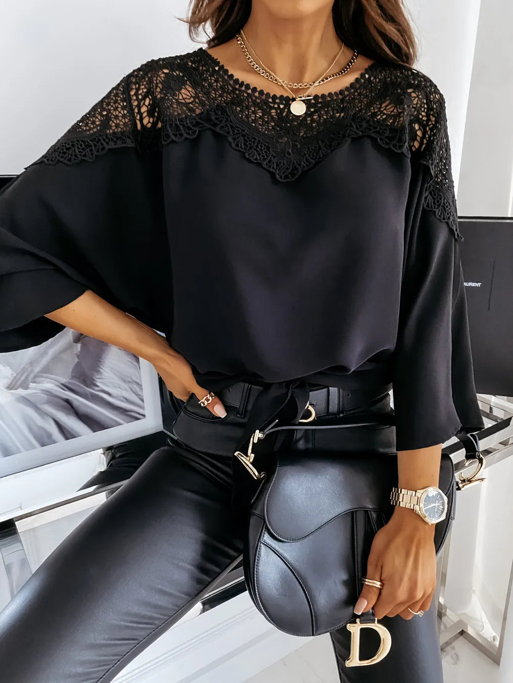 Women's Blouses T-shirt Long Sleeve Lace Stitching White Office Loose Elegant Black Shirt for Women