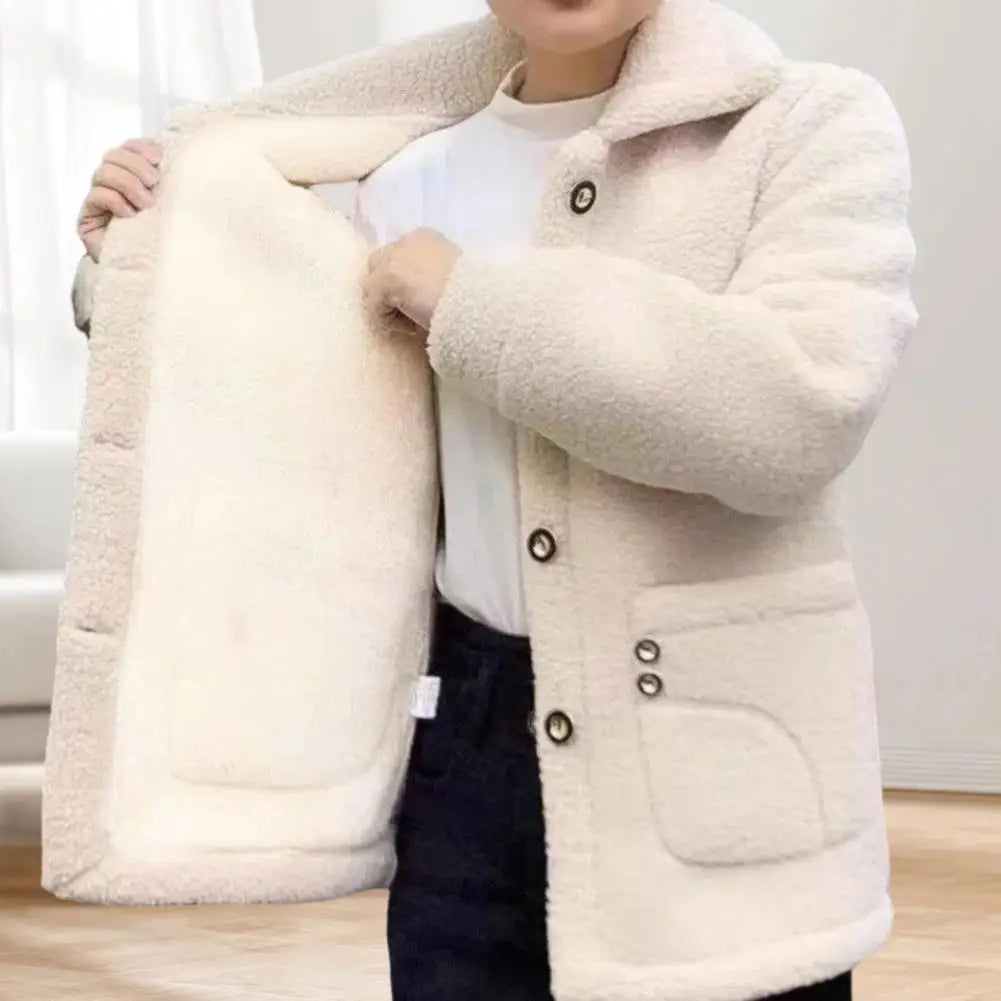 Winter Fleece Coat Single-breasted With Side Pockets Turn-down Collar Coat Coldproof Solid Color Long Sleeves Outwear Jacket