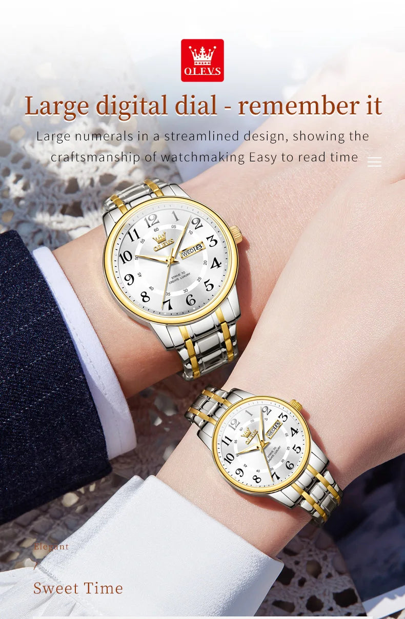 OLEVS 2891 Original Quartz Couple Watch Brand Luxury Double Calendar Waterproof Date Clock His and Her Watch Gift Couple Watch