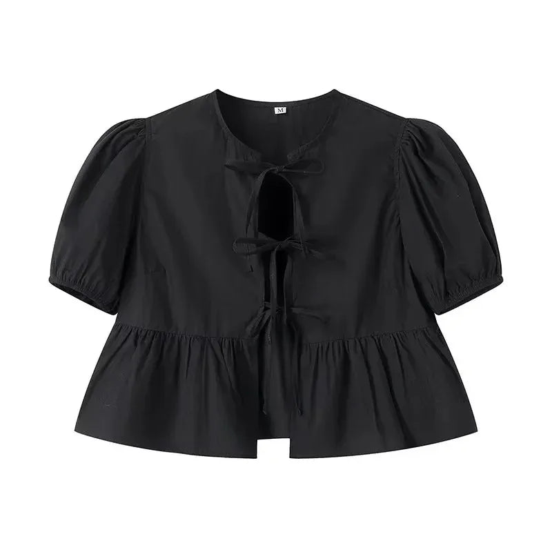 MUJER Ruffle Blouses Woman Puff Sleeve Shirts and Blouses for Women White Black Ruched Crop Top Female Ruched Women's Blouse