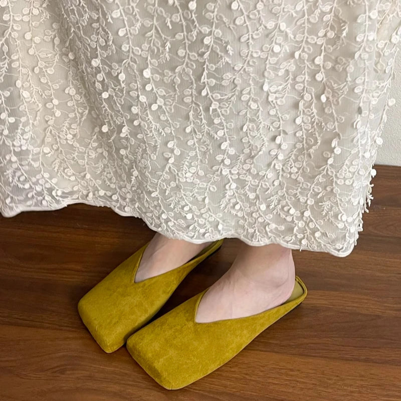 Flats Women Square Toe Slippers Designer Shallow Mule Shoes 2025 Summer New Casual Shoes Fad Brand Walking Soft Femme Chaussures