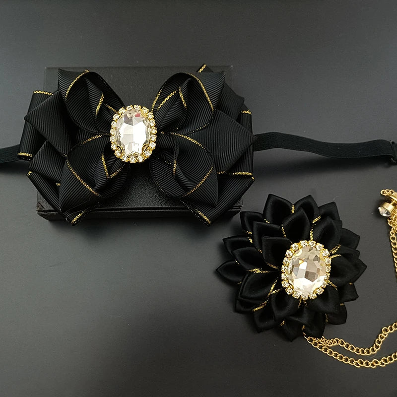 Wedding Bow Tie Corsage Men's Business Banquet Concert Suit Shirts Accessories Jewelry High-end Crystal Collar Flower Brooch Set