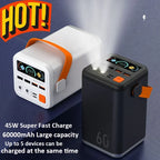 New power bank with large capacity 66W fast charging with cable outdoor camping mobile power supply 60,000 mAh large capacity