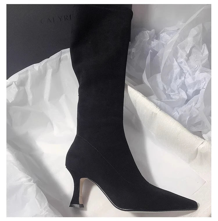 High Heels Women High Boots Suede Pointed Toe Elegant Knee High Shoes Woman Trend Fashion Sexy Pumps Party Chelsea Boots Mujer
