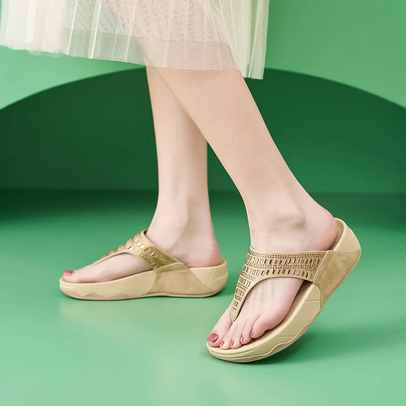 Women's Sandals Summer  Casual Non-Slip Suede  Diamond Soft Platform Wedge Flip Flop Walking Beach Slippers Shoes Woman