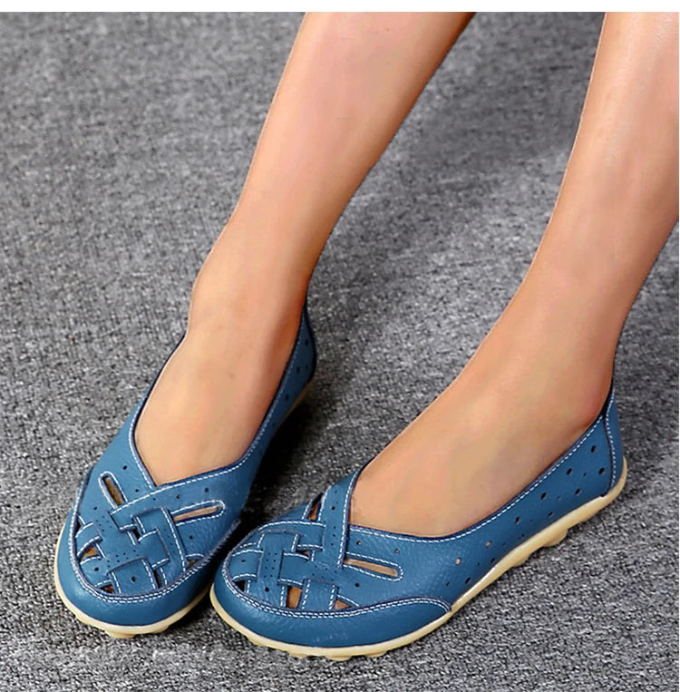 Women Flats Genuine Leather Fashion Soft Shoes Women Hollow Designer Shoes Slip On Ballet Flats Oxford Shoes Woman Plus Size