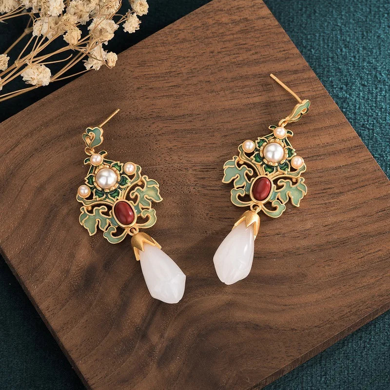 Earrings for Women Trendy Gold Color Drop Earrings Enamel Flower Hanging Earrings Chinese Style Jewelry Girl Party Gift Earrings