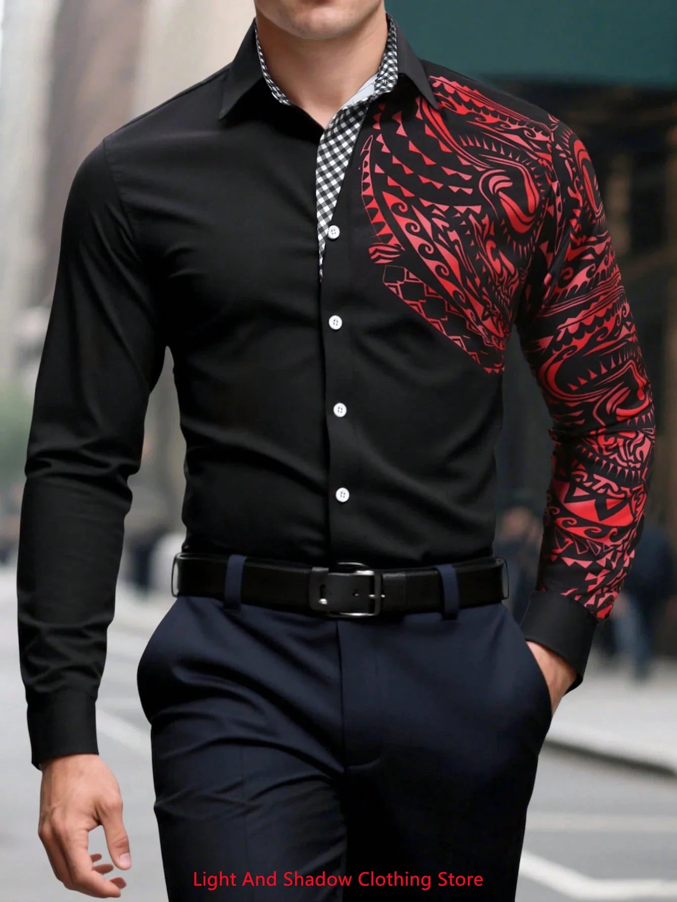 New men's fashionable business casual long sleeved shirt, classic printed collar, social party comfortable men's clothing