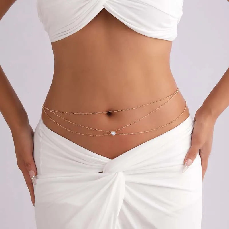 Fashion Metal Double Layered Cross Waist Chain for Women Simple Rhinestone Heart Thin Chain Body Chain Party Jewelry Accessories