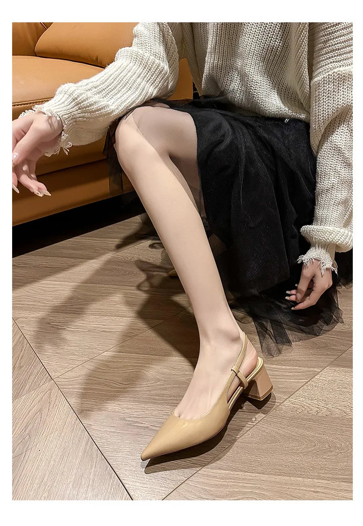 2025 New Medium Heel Woman 4cm Sandals Shallow Mouth Glossy Closed Toe Sandals One Word Buckle Temperament Summer Outdoor Shoes