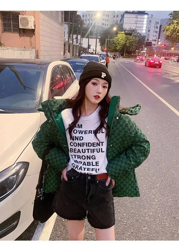 Winter Letter Print Hooded Jacket Women Clothing Trend Zipper Parkas Puffer Down Cotton Coats Design Vintage Windproof Outerwear