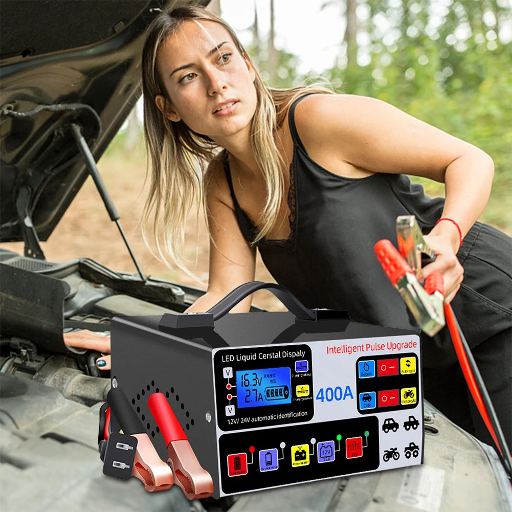 400A Car Battery Charger 220W Heavy Duty Smart Battery Charger 12V/24V Battery High Power Fast Charger Self-Stop Battery Charger