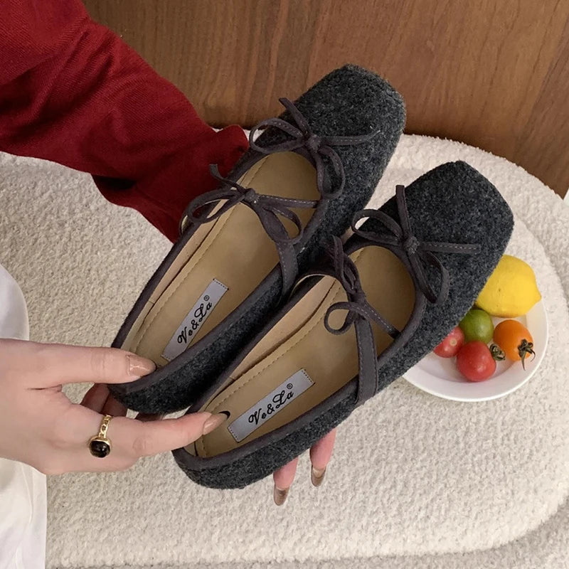 Flats Women's Loafers Shoes Shallow Suede Bow Fashion Shoes Square Toe Casual Dress Autumn 2025 Designer Cozy Zapatos De Mujer