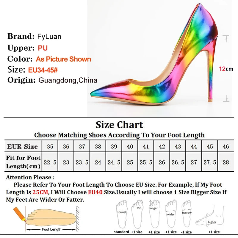 Brand Women High Heels 8-12CM Fashion Iridescent Pointed Toe Single Shoes Woman Thin Heel Summer Glossy Colorful Leather Pumps