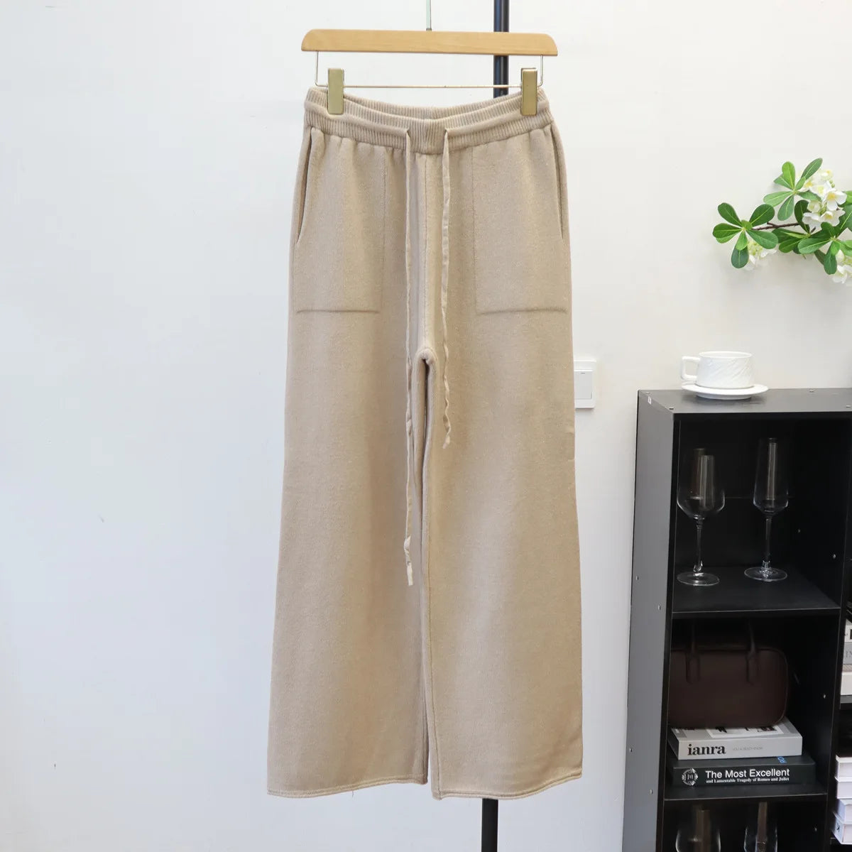 Pant Set Women Two Piece Sets Stand Collar Full Sleeve Knit Tops Wide Leg Long Pants Lace Up Elastic Waist Y2k Streetwear