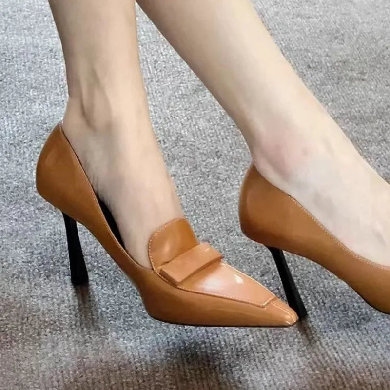 2025 Early Spring New High Heels for Women's Sexy Leather Small Square Buckle Pointed Toe Shallow Mouth Elegant Slim Heels Shoes
