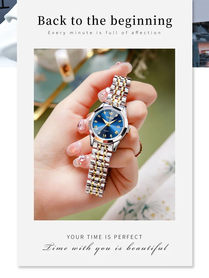 OLEVS 9931 Top Original Couple Watch Stainless Steel Rhombus Mirror Design Luxury Quartz Watch for Men Women Lover's Wristwatch