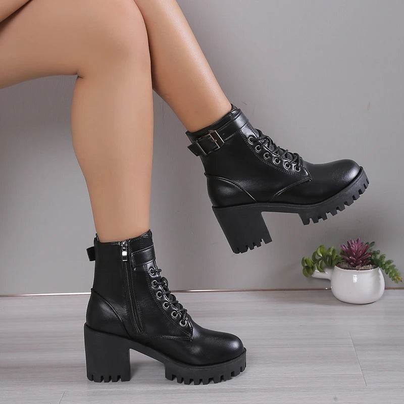 Women's High Heels Ankle Boots for 2023 Black PU Leather Platform Short Boots Woman Side Zipper Thick Heeled Punk Botas De Mujer