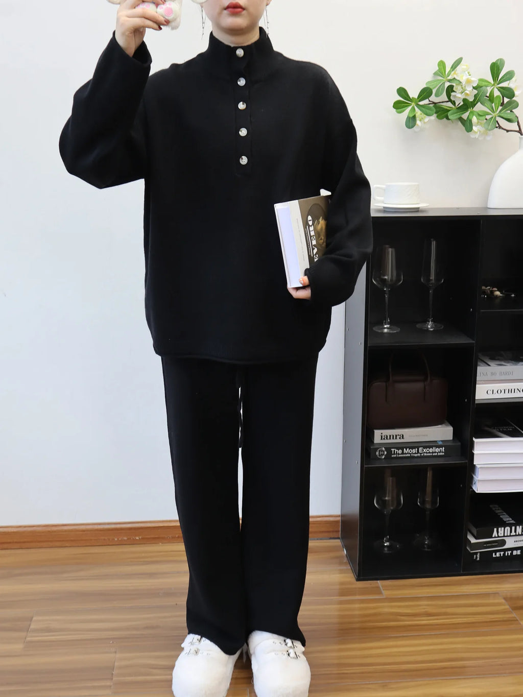 Pant Set Women Two Piece Sets Stand Collar Full Sleeve Knit Tops Wide Leg Long Pants Lace Up Elastic Waist Y2k Streetwear