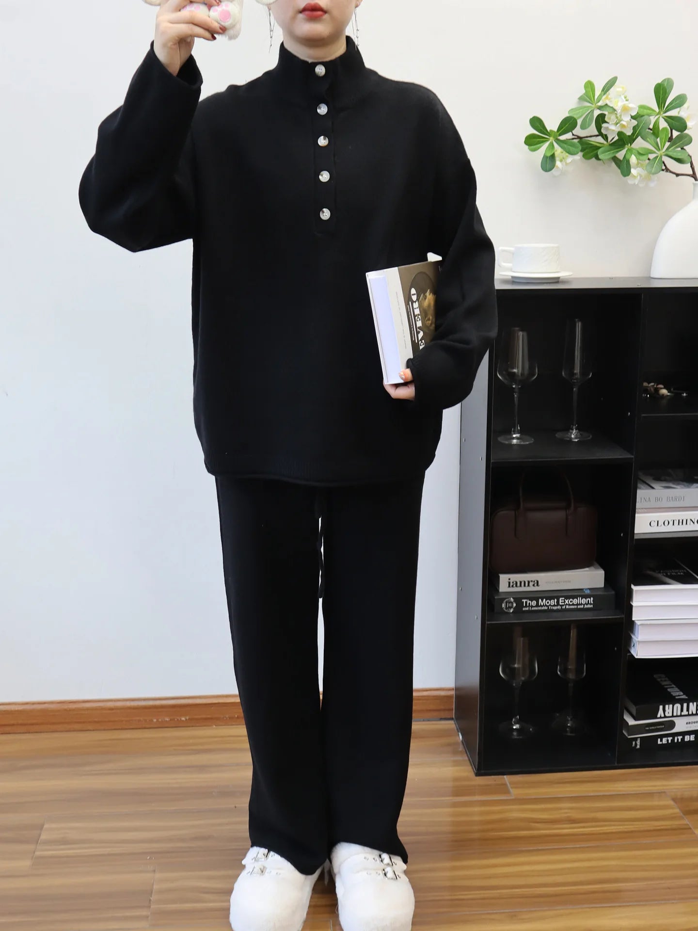 Pant Set Women Two Piece Sets Stand Collar Full Sleeve Knit Tops Wide Leg Long Pants Lace Up Elastic Waist Y2k Streetwear