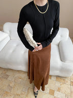 Women's casual stitching slim fit shoulder slimming base long sleeved T-shirt