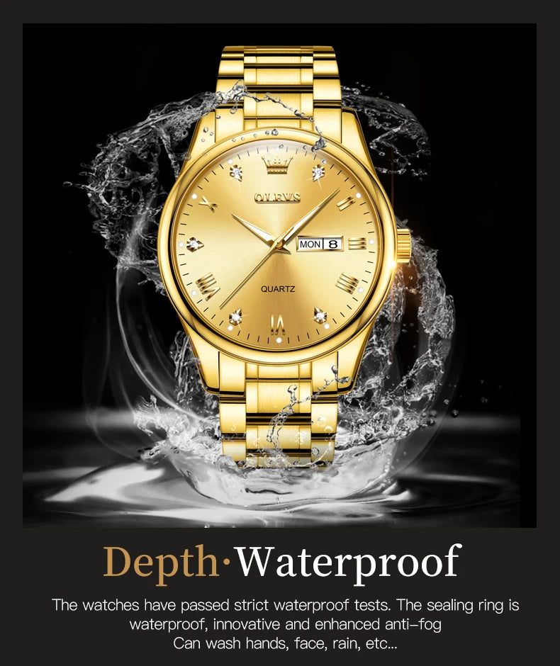 OLEVS Luxury Gold Couple Watches Stainless Steel Original Quartz Watch for Lover Waterproof Luminous Date Week Trend Dress New
