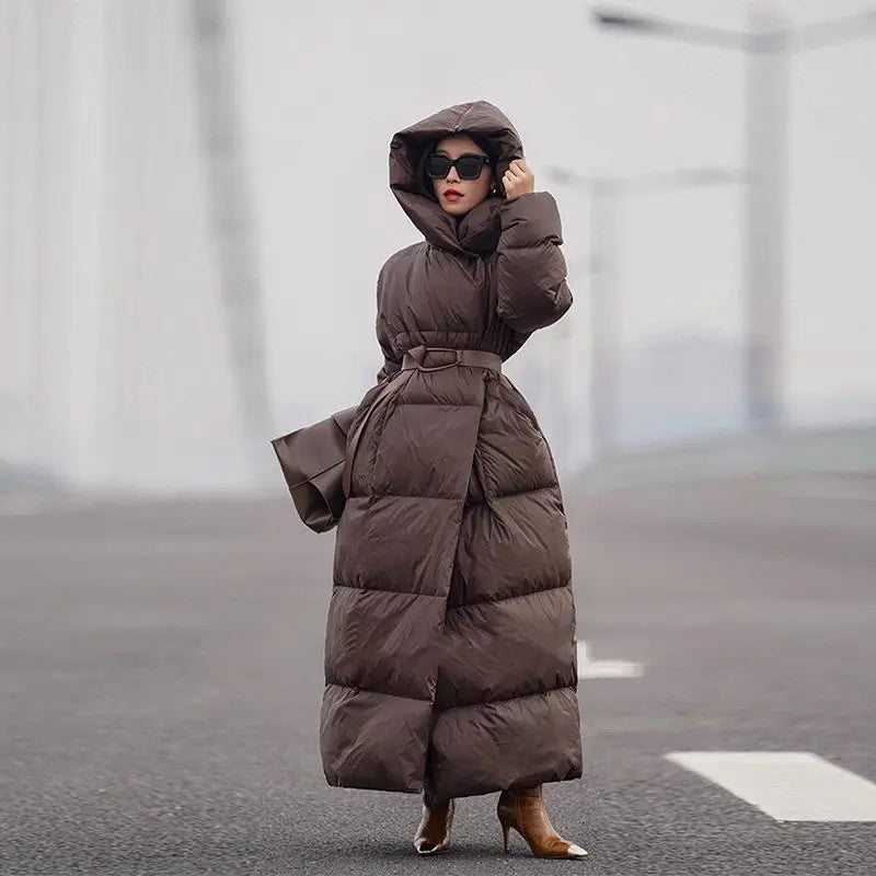 Winter Women Long White Duck Down Cotton Coat Fashion Windproof Hood Casual Thickened Warm Cotton Coat Women Parkas Jacket Coat