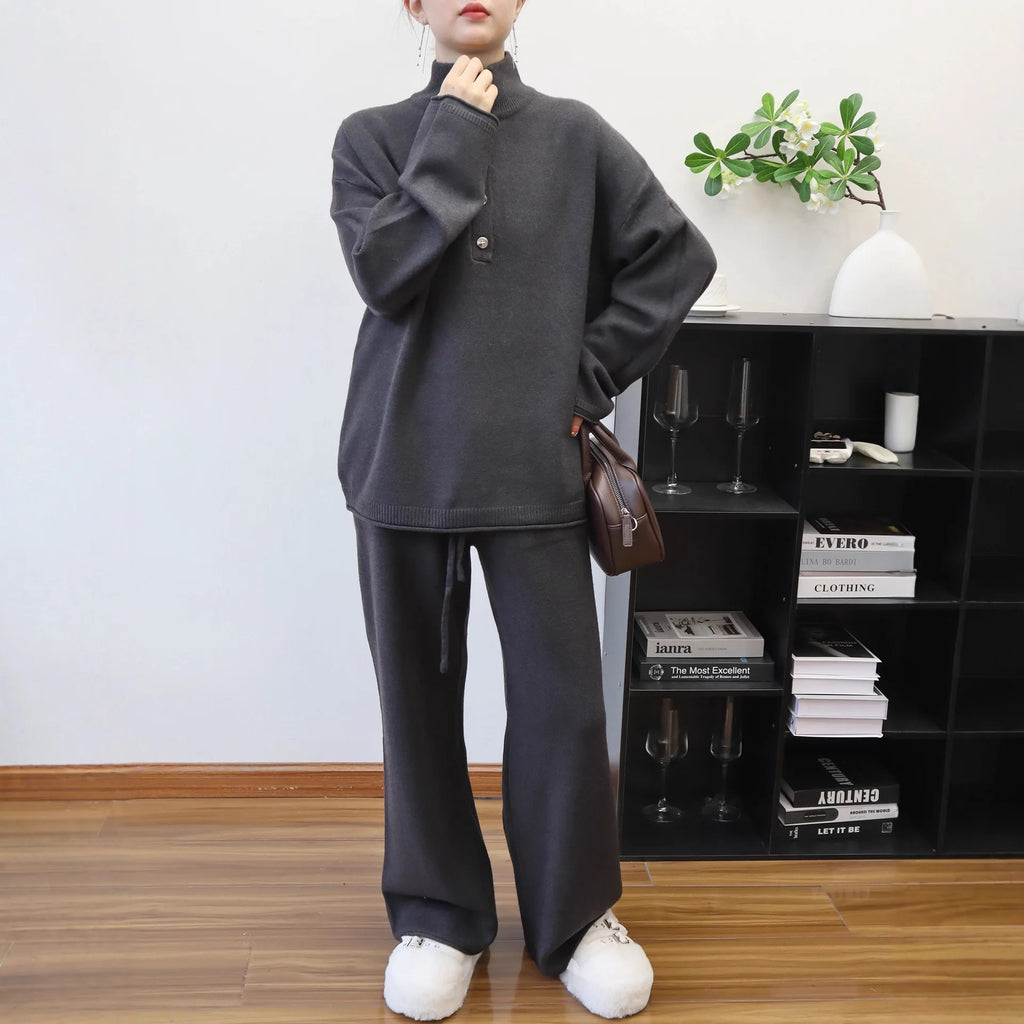 Pant Set Women Two Piece Sets Stand Collar Full Sleeve Knit Tops Wide Leg Long Pants Lace Up Elastic Waist Y2k Streetwear