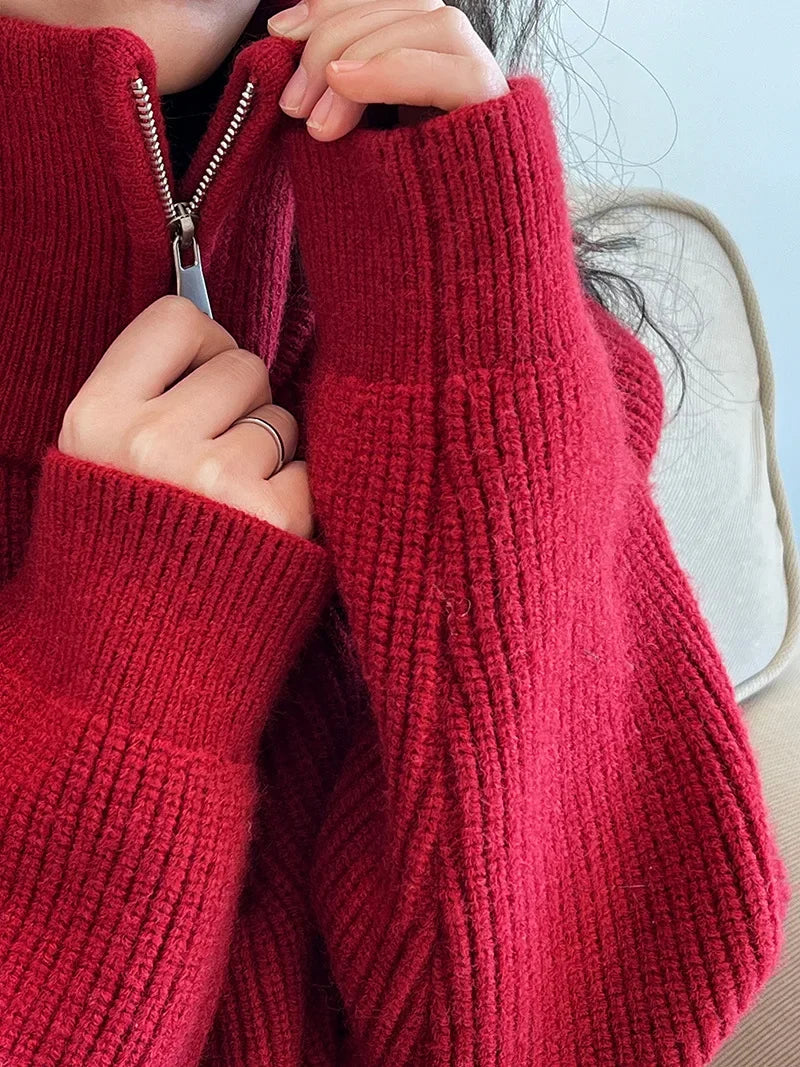 Autumn Winter  Zipper Sweaters Women Solid Color High Neck Knitted Pullover Solid Red Loose Turndown Collar Women's Turtleneck