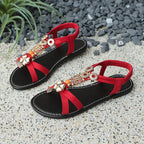 Flats Sandals for Women Summer 2025 Comfortable Non Slip Beach Shoes Woman Metal Beading Roman Sandalias Mujer