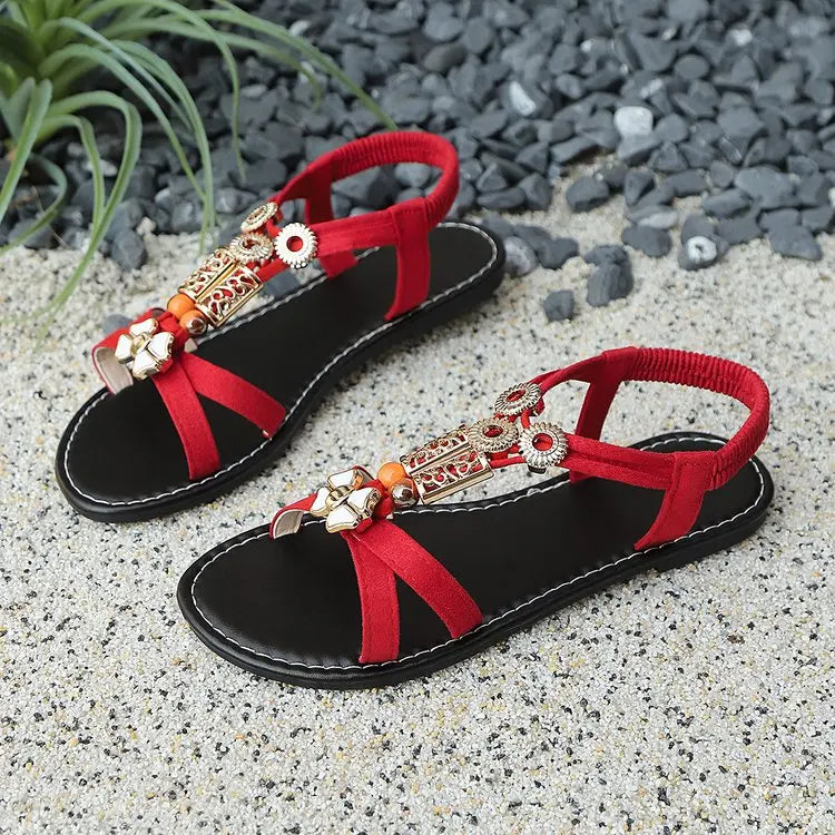 Flats Sandals for Women Summer 2025 Comfortable Non Slip Beach Shoes Woman Metal Beading Roman Sandalias Mujer