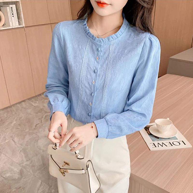 Woman's Embroidery Cotton Long-Sleeved Shirt New Stand Collar Stitching Ruffled Shirts Female Temperament Age-Reducing Thin Top