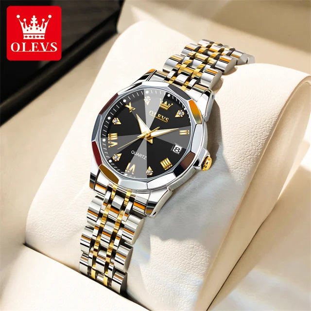 OLEVS 9931 Top Original Couple Watch Stainless Steel Rhombus Mirror Design Luxury Quartz Watch for Men Women Lover's Wristwatch