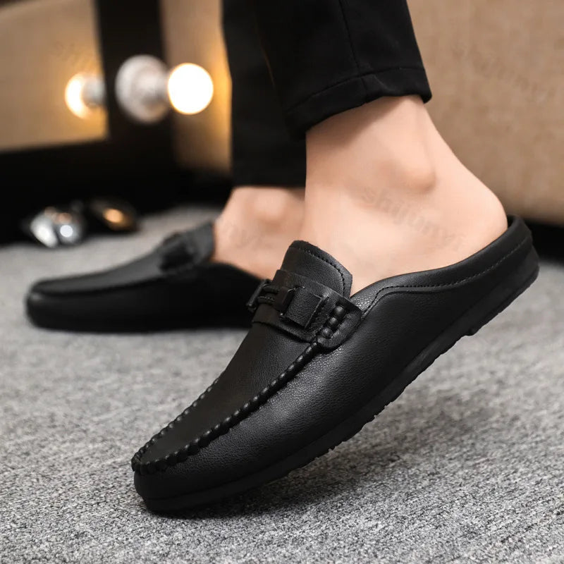 Men Half Slippers 2025 Summer Breathable Mens Casual Shoes Comfortable Walking Loafers Moccasins PU Leather Men Fashion Slippers