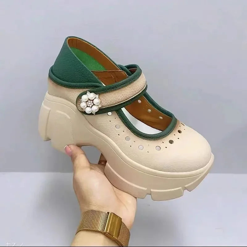 Women's Heels Shoes Summer Sneakers Platform Woman-shoes 2024 Thick Sole Roses Casual Leisure Round Toe Zip PU  Retro Rubber