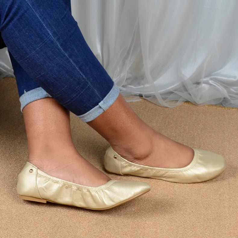 Women Ballet Flats Fashion Foldable Leather Loafers Soft Slip on Woman Luxury Brand Prom Ballerina Flats Wedding Party Shoes