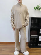 Pant Set Women Two Piece Sets Stand Collar Full Sleeve Knit Tops Wide Leg Long Pants Lace Up Elastic Waist Y2k Streetwear