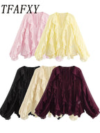 Women's Casual Ruffled Shirt Loose Lace Up Hollow Out V Neck Tops 2025 Spring Blouses Women Clothes