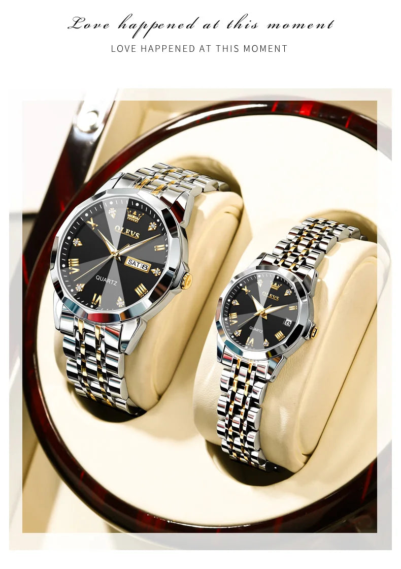 OLEVS 9931 Top Original Couple Watch Stainless Steel Rhombus Mirror Design Luxury Quartz Watch for Men Women Lover's Wristwatch