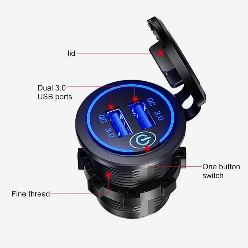 Quick Charge 3.0 Dual USB Fast Car Charger Socket Accessories Waterproof 12V/24V QC3.0 Power Outlet with Touch Switch&Led Light
