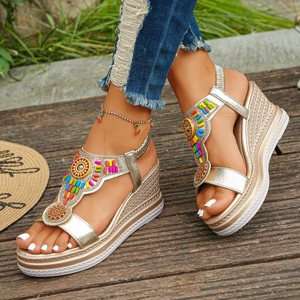 Women Sandals Bohemian Style Wedge Sandals Summer Thick Sole Non Slip Beach Shoes Woman Colorful Bead Chunky Platform Sandals